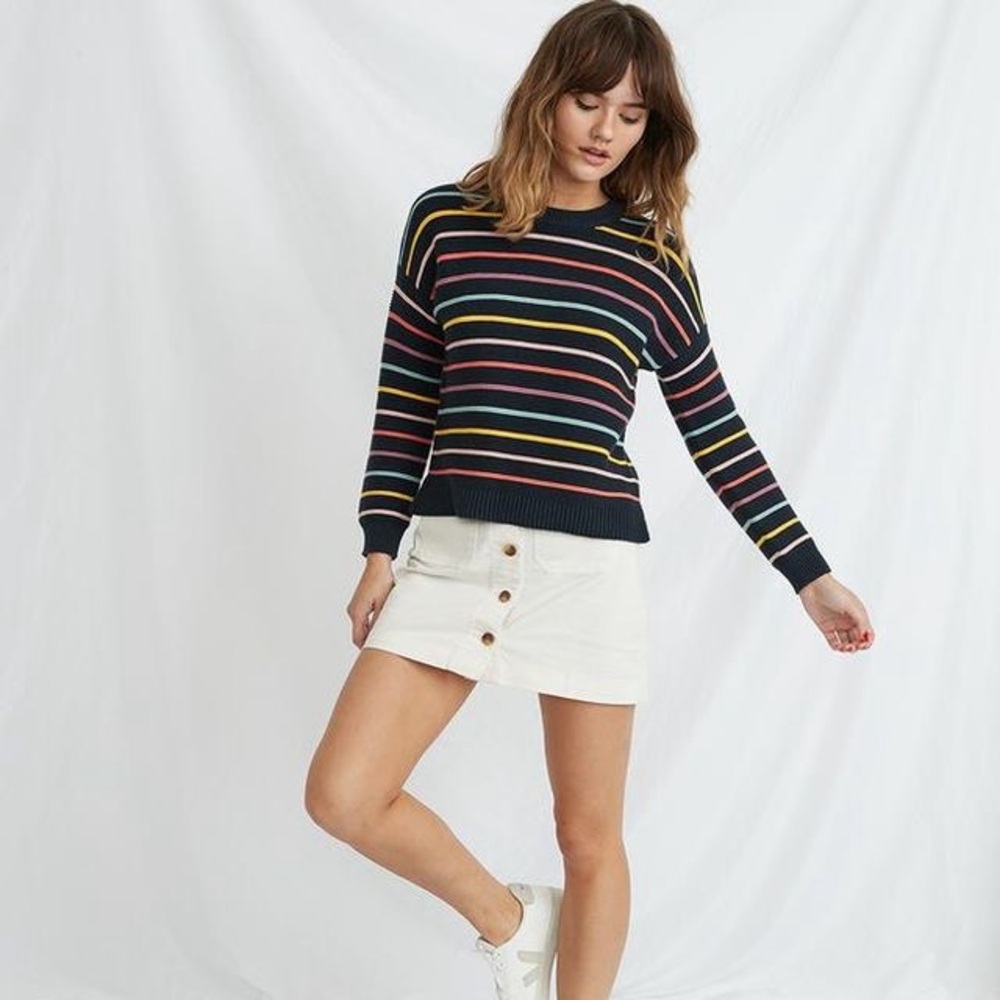 Marine Layer Navy Striped Crewneck Sweater with Multi-Color Stripes